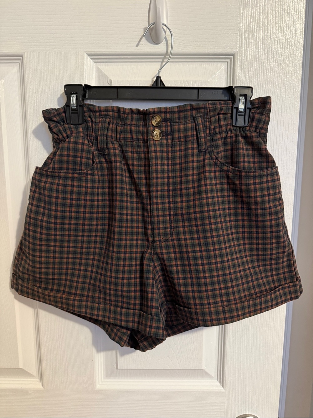American Eagle Outfitters Plaid High Waist Paperbag Shorts - Brown/Green